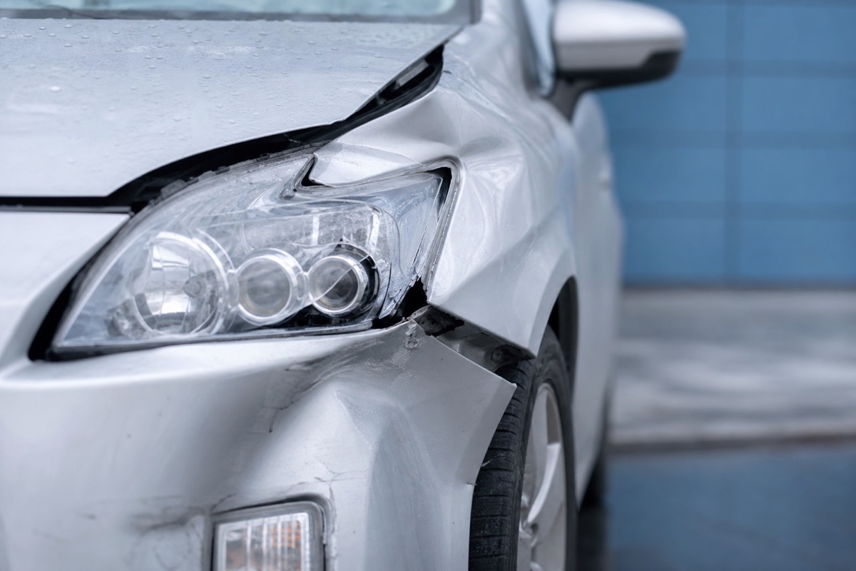 Front-end collision damage on a car
