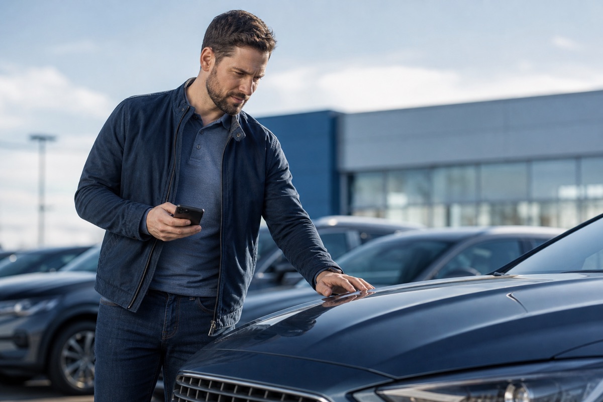 Buyer checking a used car's history on their phone