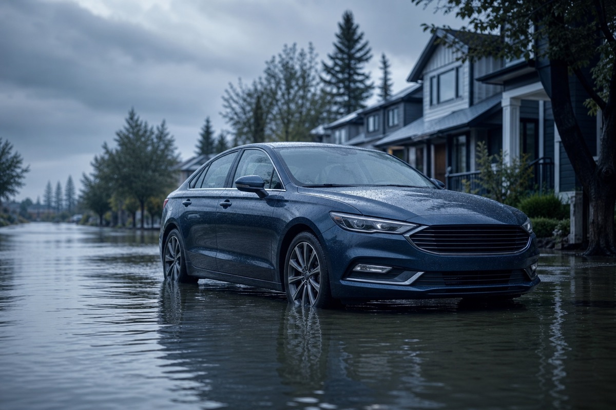 Car showing a waterline after street flooding