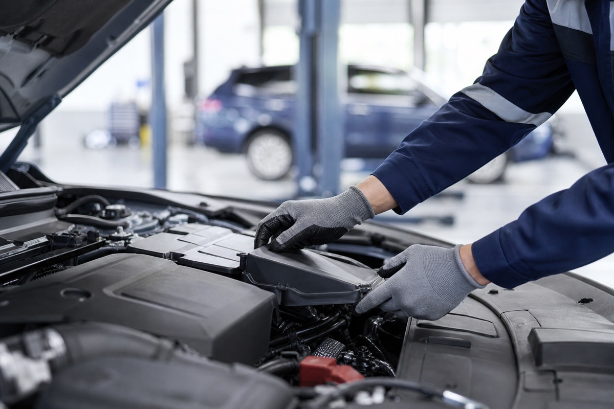 Technician inspecting a vehicle during a recall repair at a dealership