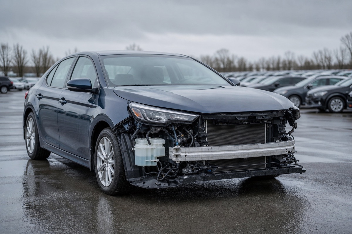 Salvage vehicle with front-end damage in an auction yard