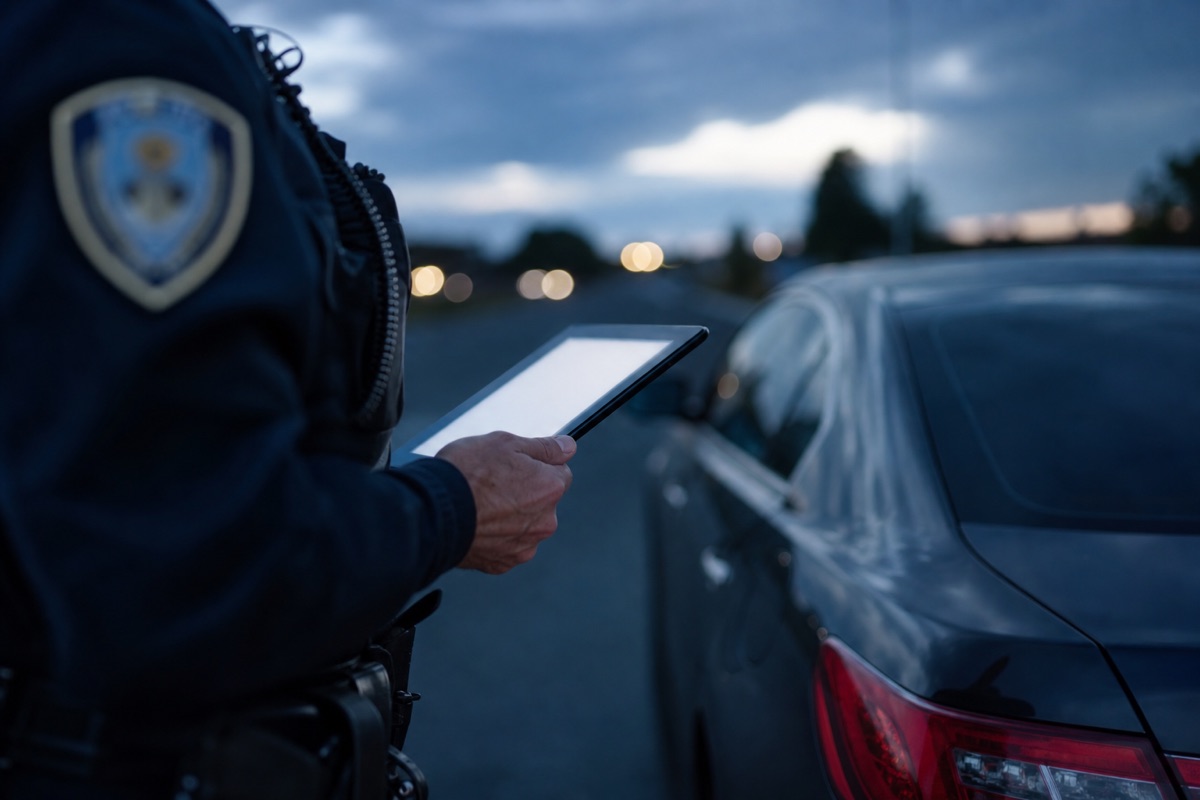 Officer running a vehicle check beside a parked car