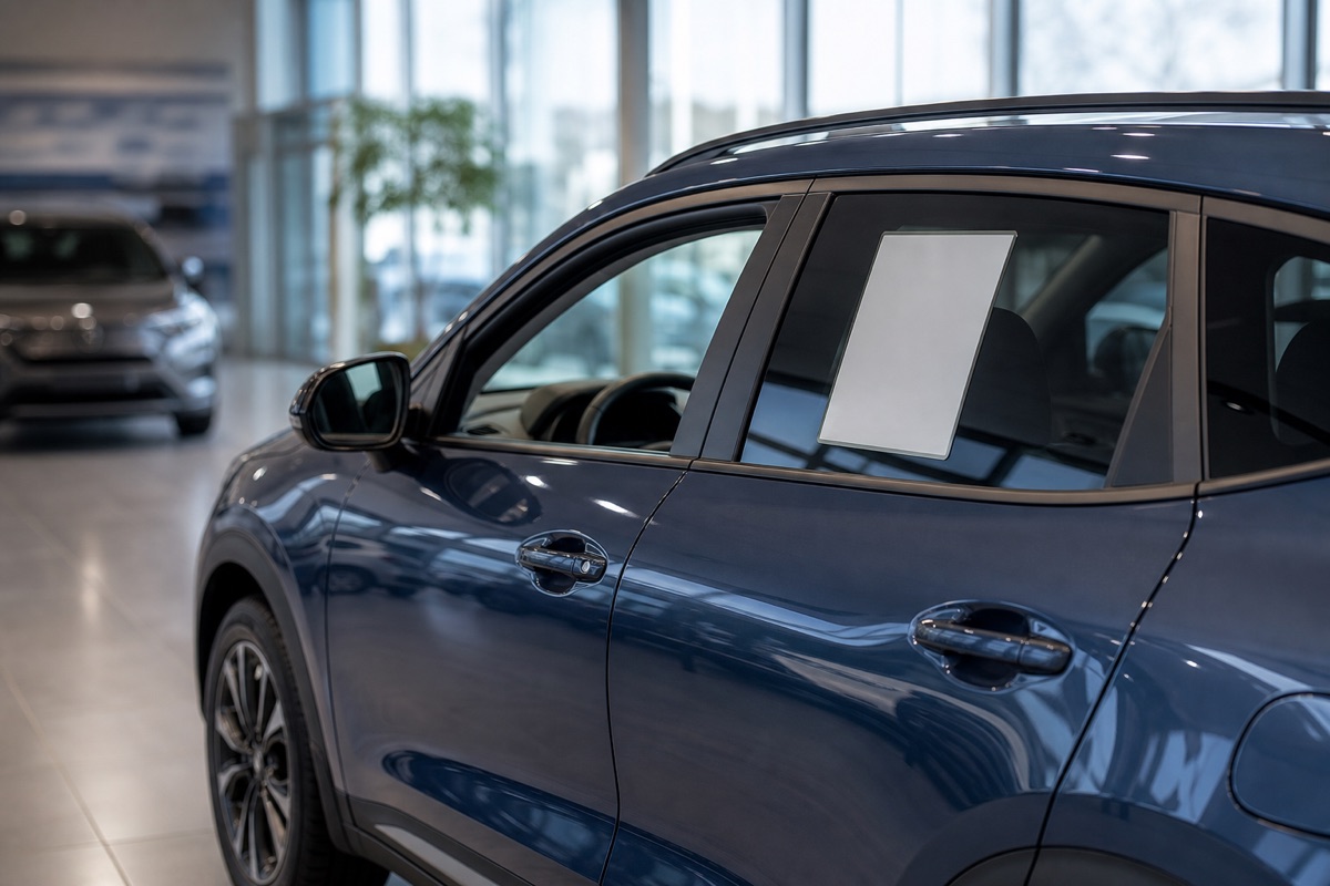New car with a factory window sticker on the showroom floor