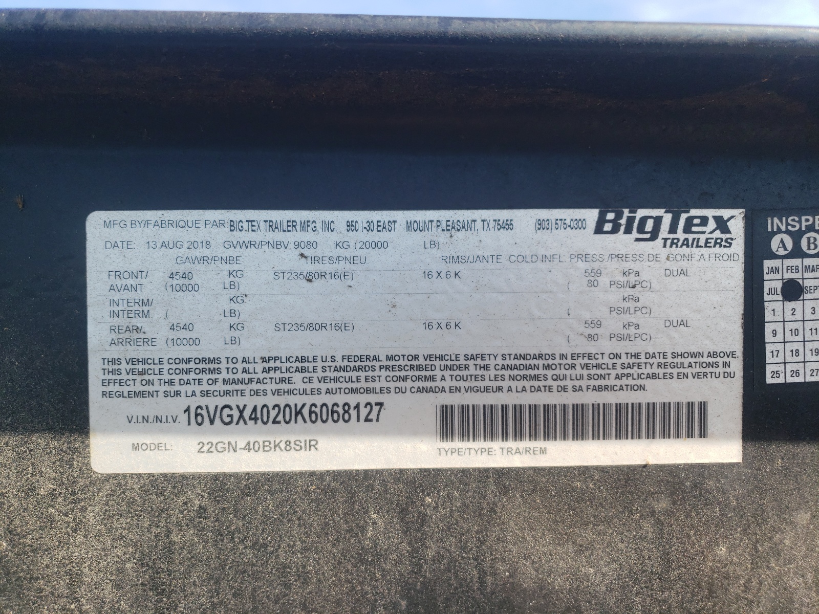 2019 BIG DOG TRAILER VIN 16VGX4020K6068127 photo 10
