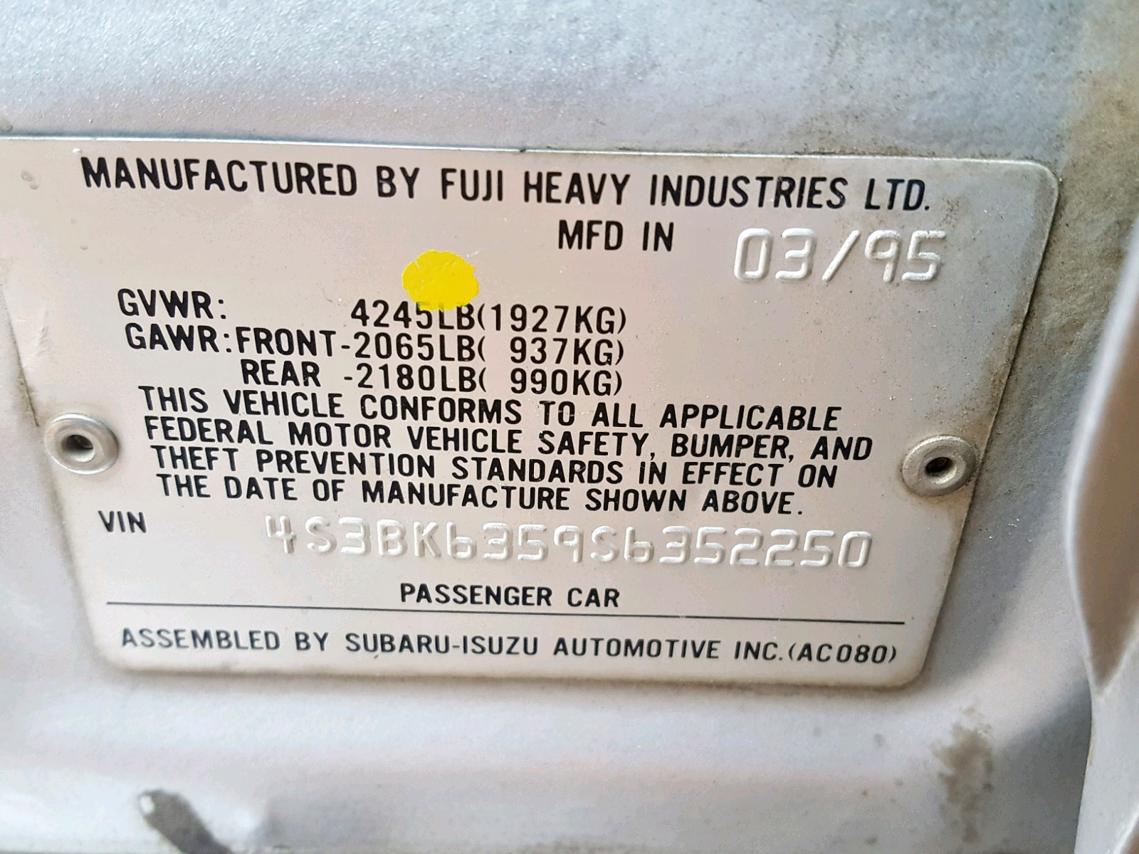 1995 SUBARU LEGACY VIN 4S3BK6359S6352250 photo 10