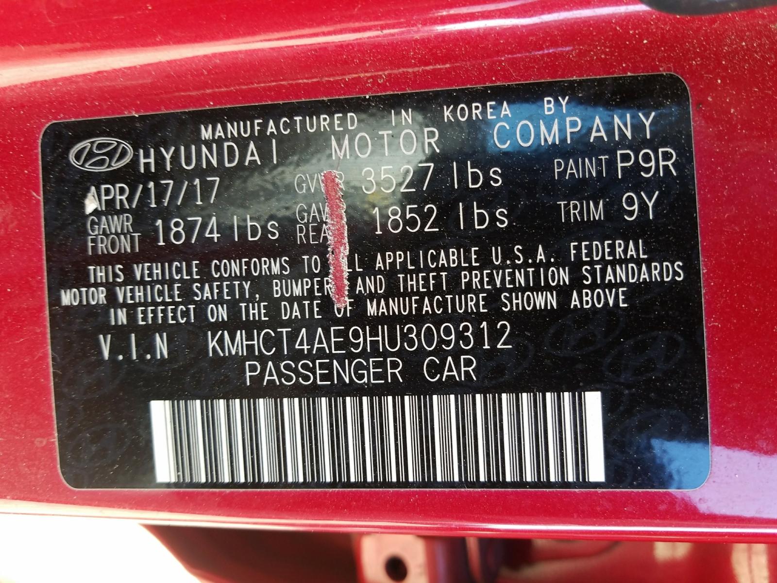 2017 Hyundai Accent VIN KMHCT4AE9HU309312 photo 10