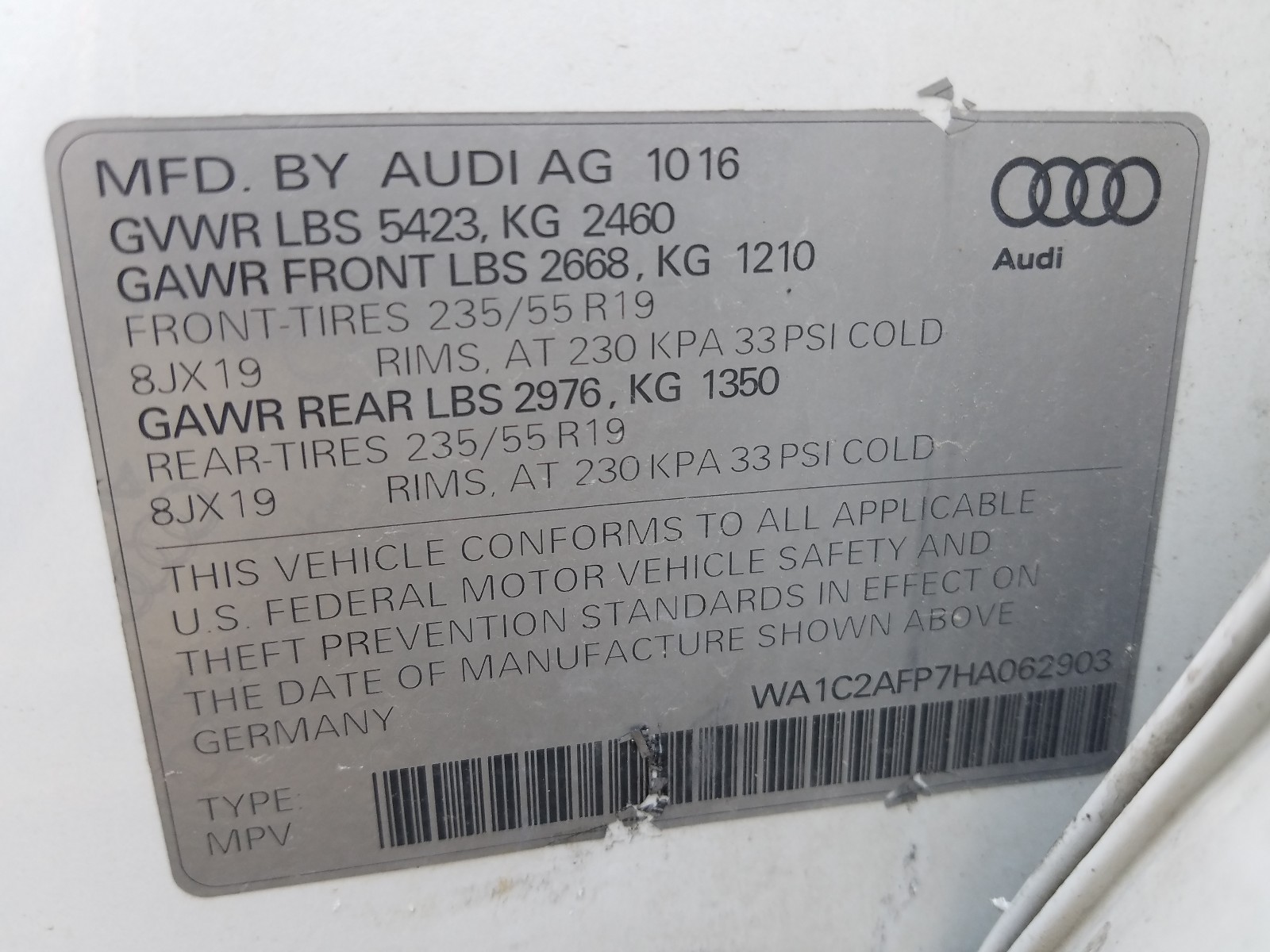 2017 Audi Q5 VIN WA1C2AFP7HA062903 photo 10
