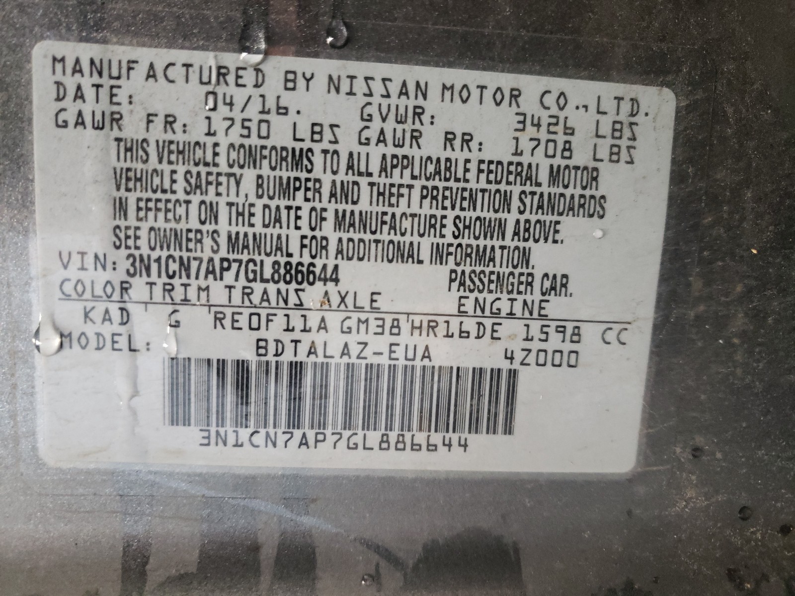 2016 NISSAN Versa VIN 3N1CN7AP7GL886644 photo 10