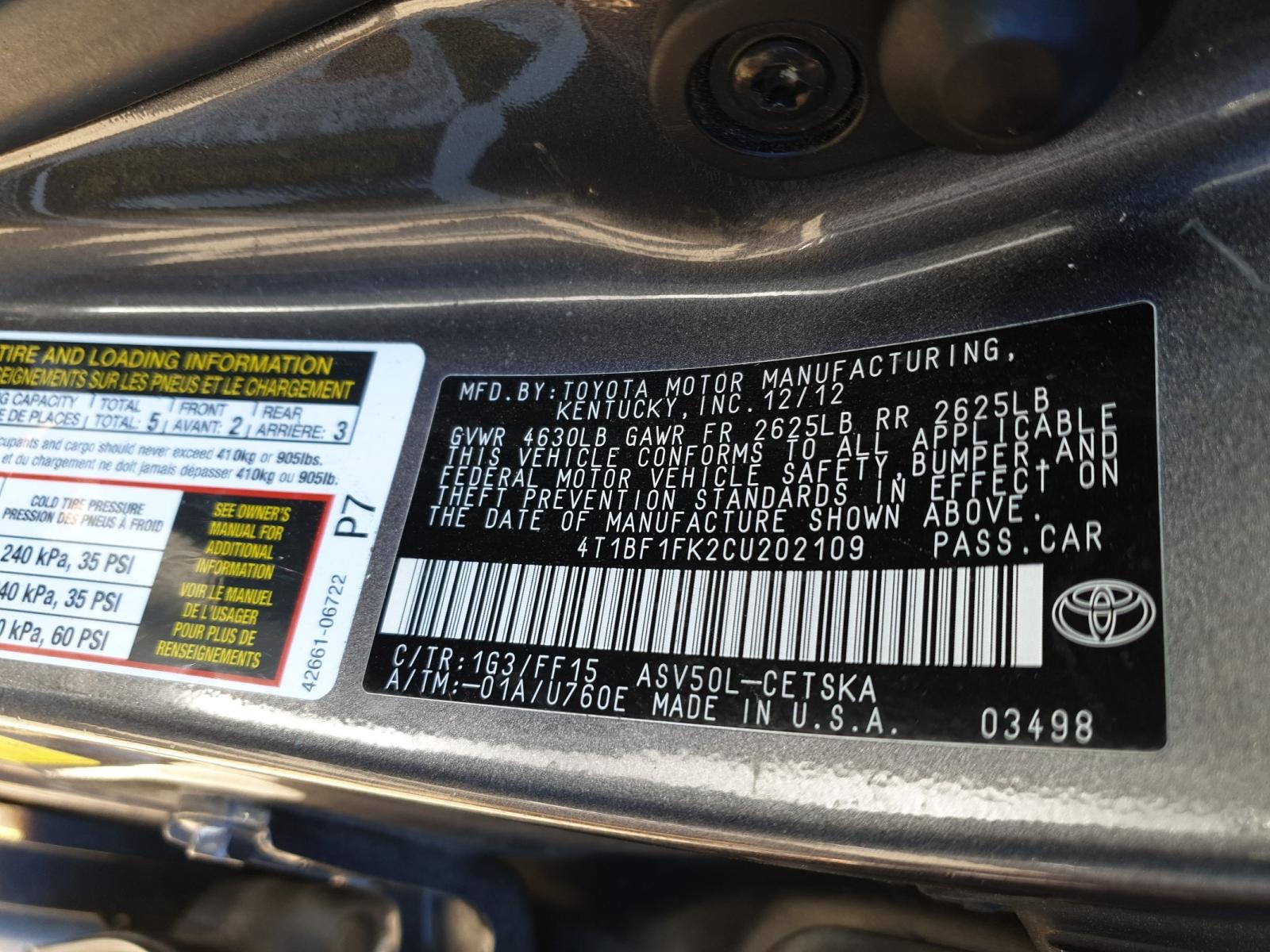 2012 TOYOTA Camry VIN 4T1BF1FK2CU202109 photo 10