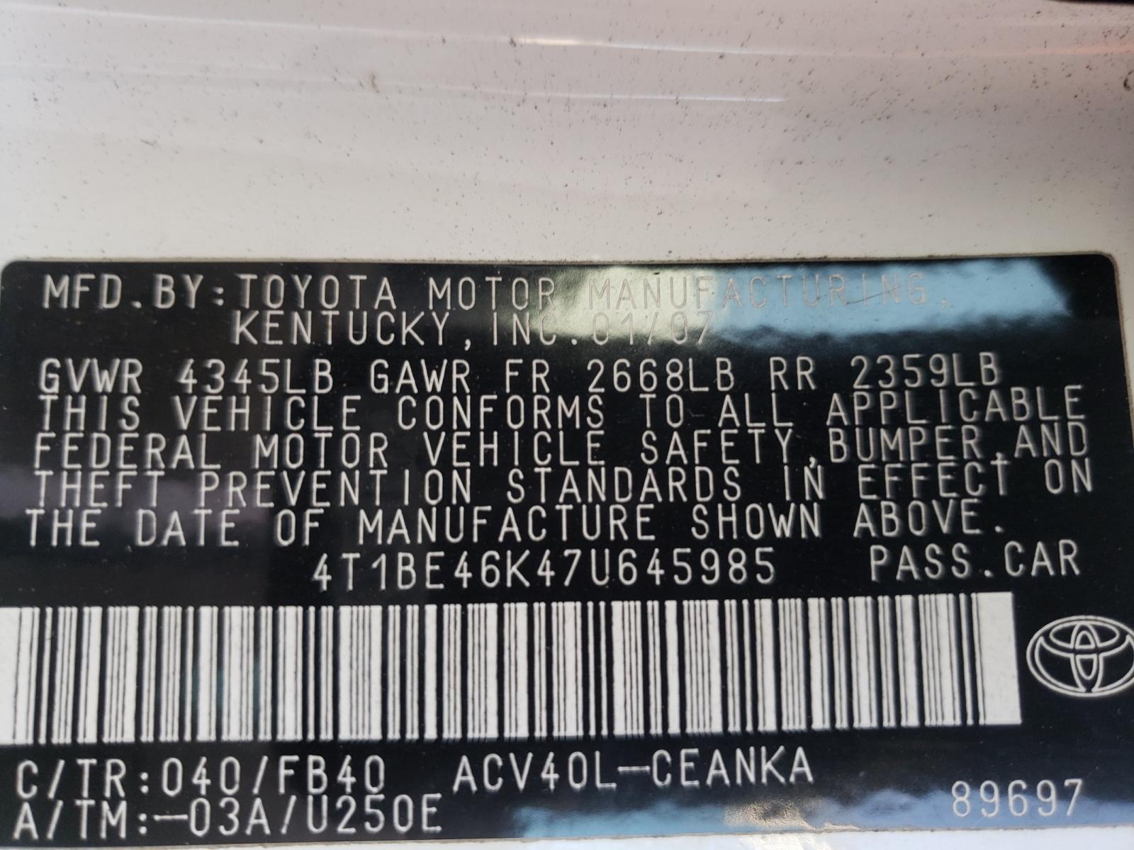2007 Toyota Camry VIN 4T1BE46K47U645985 photo 10