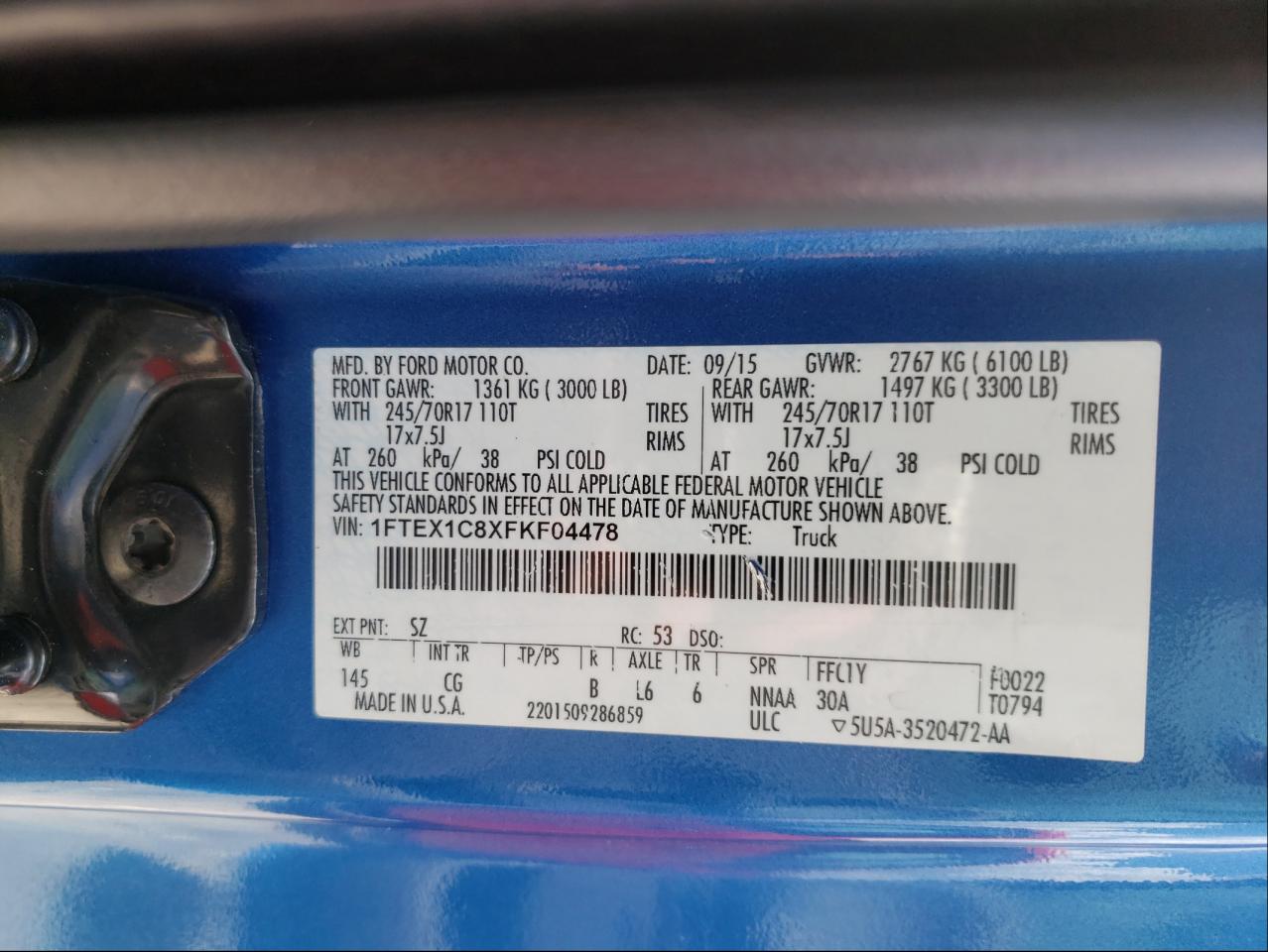 2015 FORD F-150 VIN 1FTEX1C8XFKF04478 photo 10