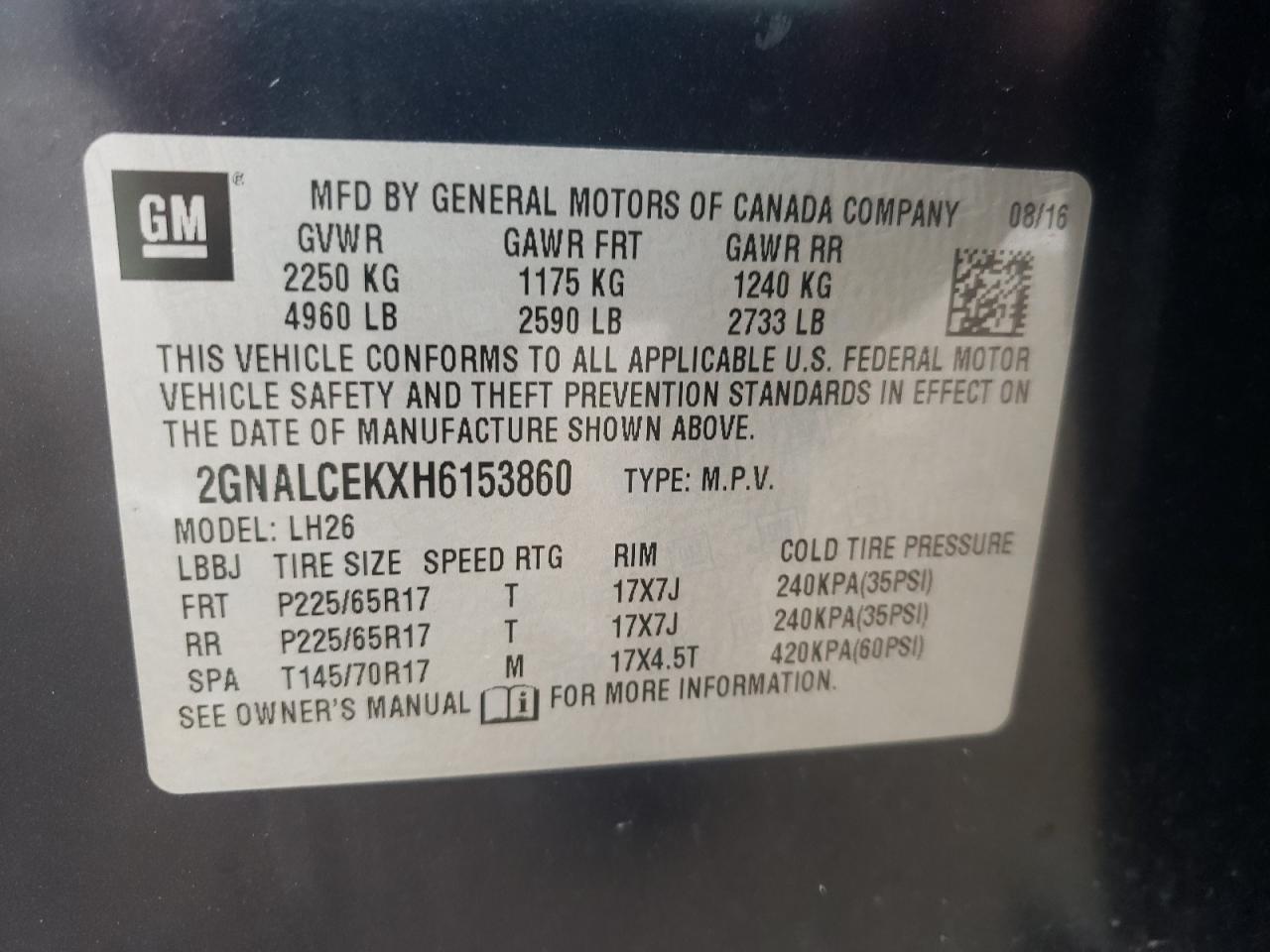 2017 CHEVROLET Equinox VIN 2GNALCEKXH6153860 photo 10