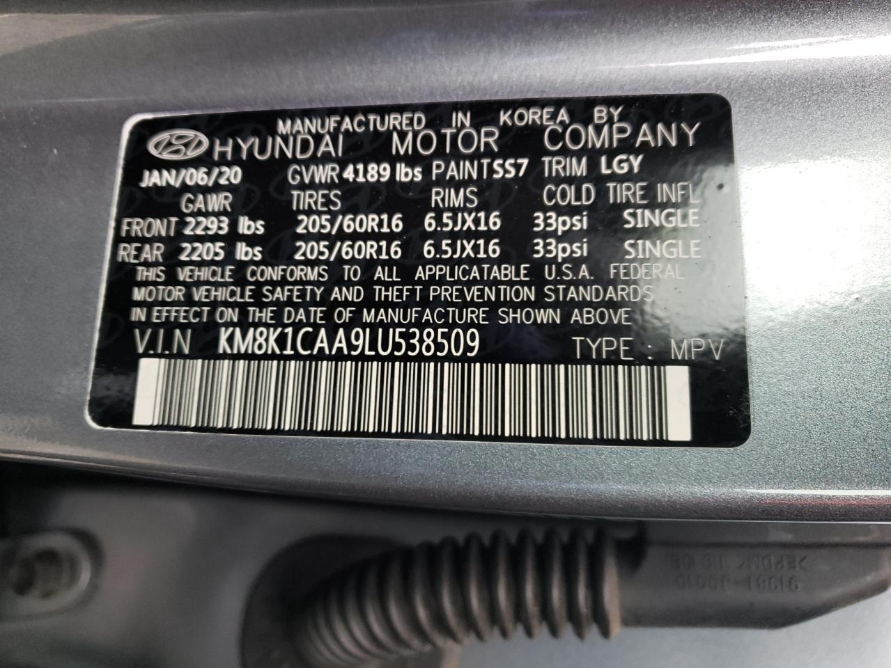 2020 HYUNDAI Kona VIN KM8K1CAA9LU538509 photo 10