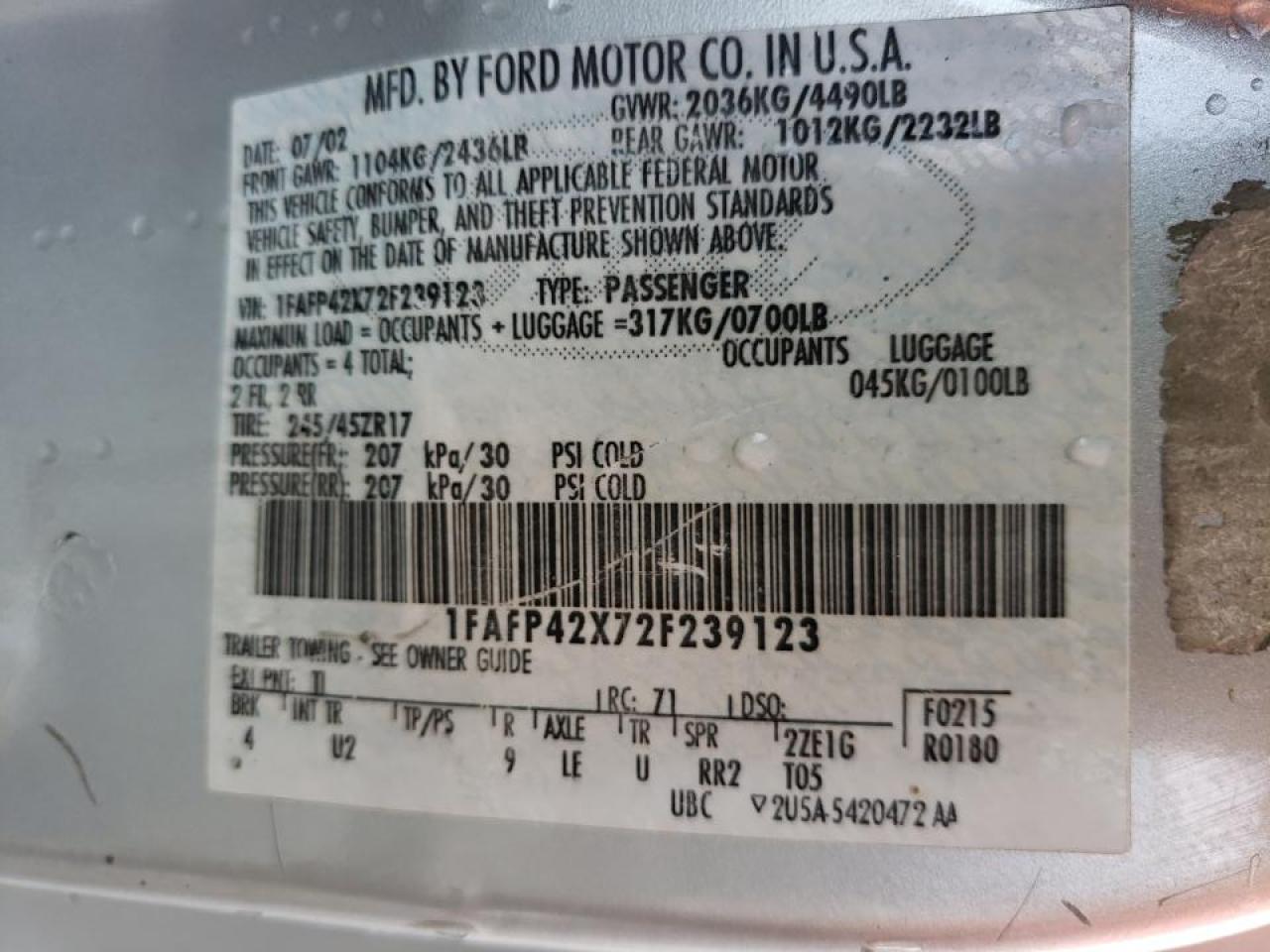 2002 Ford Mustang VIN 1FAFP42X72F239123 photo 10
