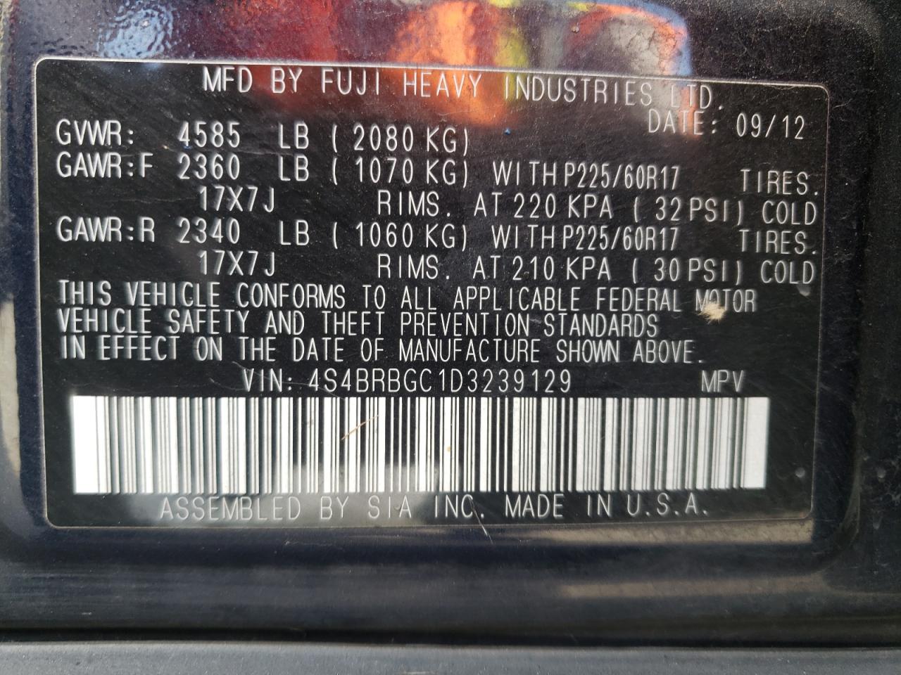 2013 Subaru Outback VIN 4S4BRBGC1D3239129 photo 10