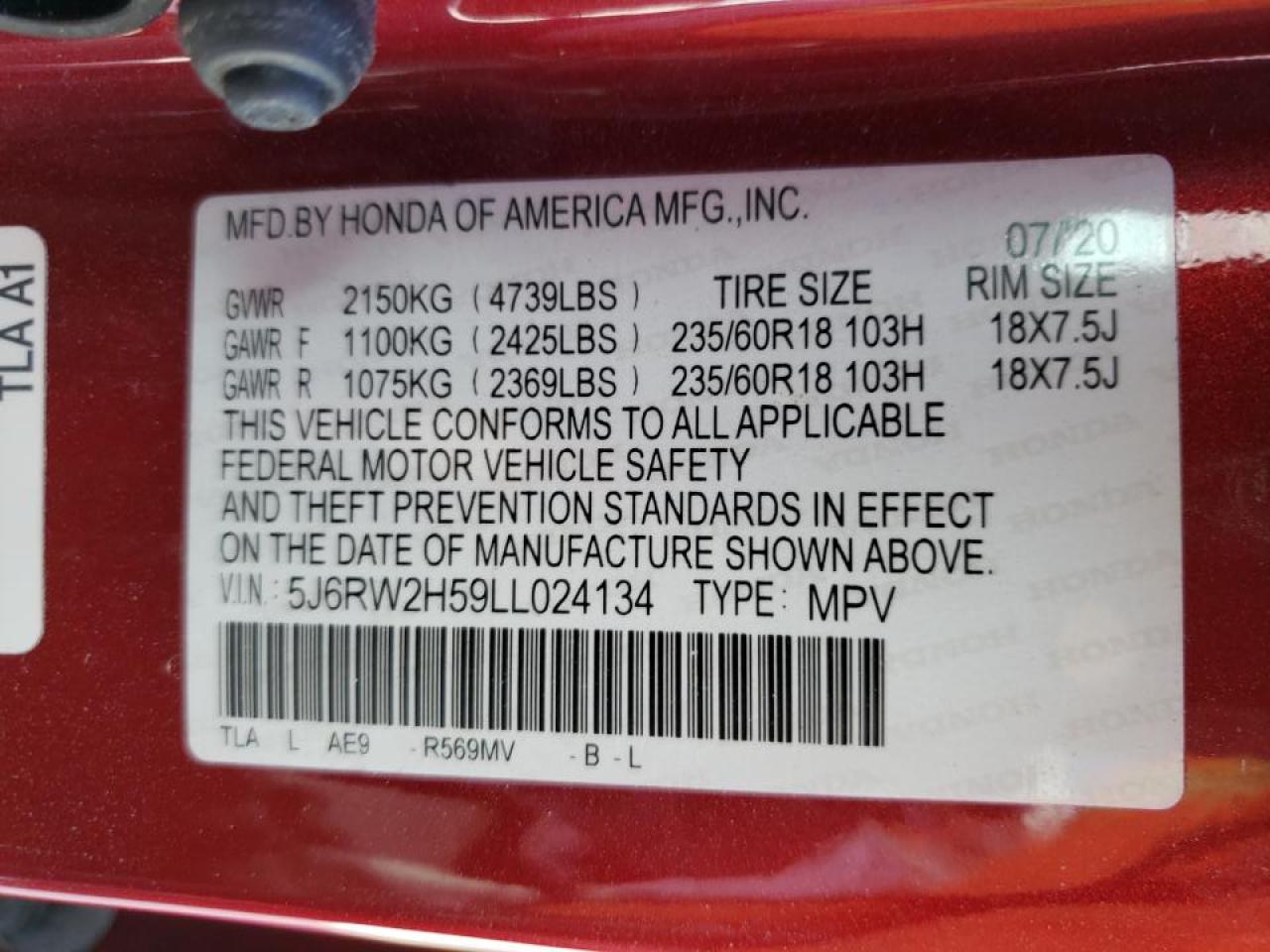 2020 HONDA Cr-v VIN 5J6RW2H59LL024134 photo 10