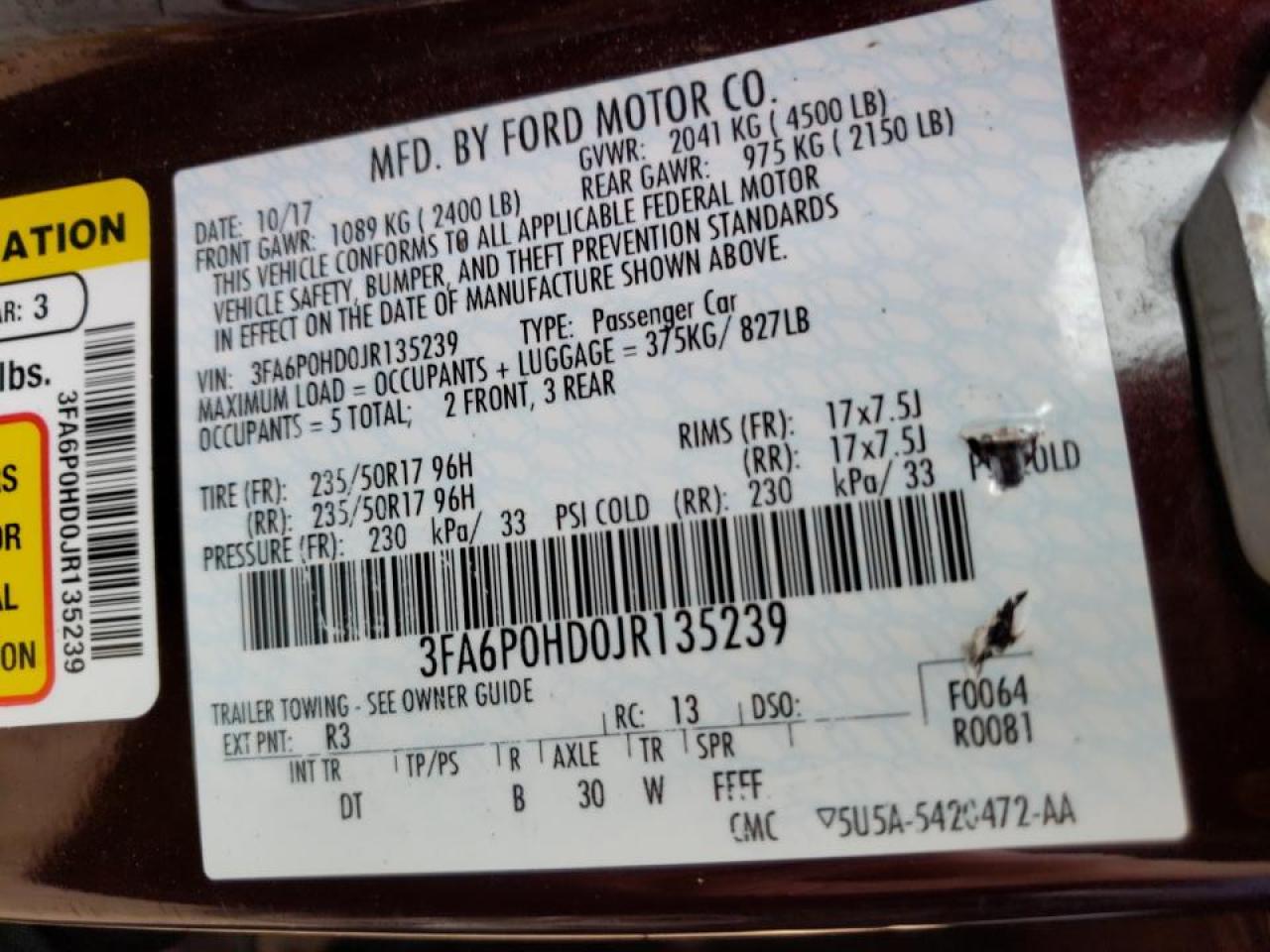 2018 Ford Fusion VIN 3FA6P0HD0JR135239 photo 10