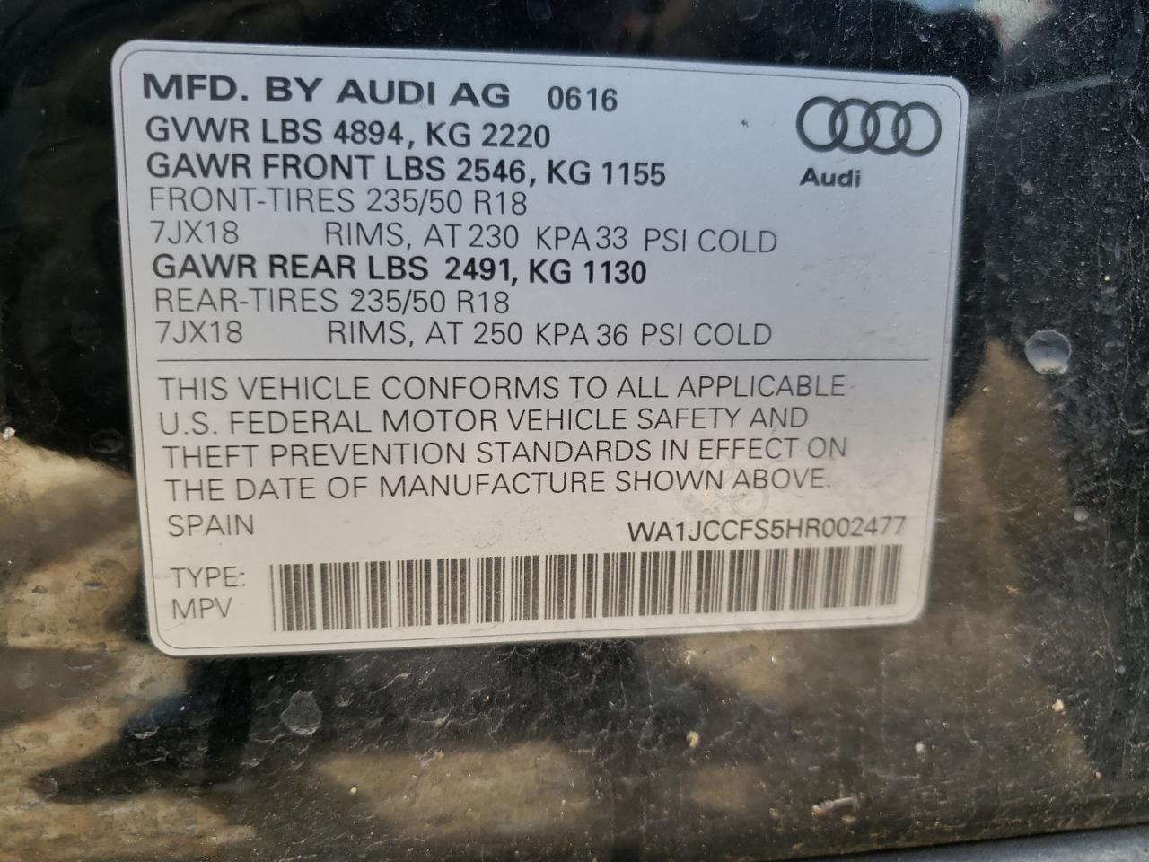 2017 Audi Q3 VIN WA1JCCFS5HR002477 photo 10