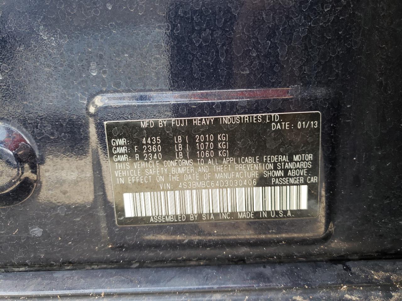 2013 SUBARU LEGACY VIN 4S3BMBC64D3030406 photo 10