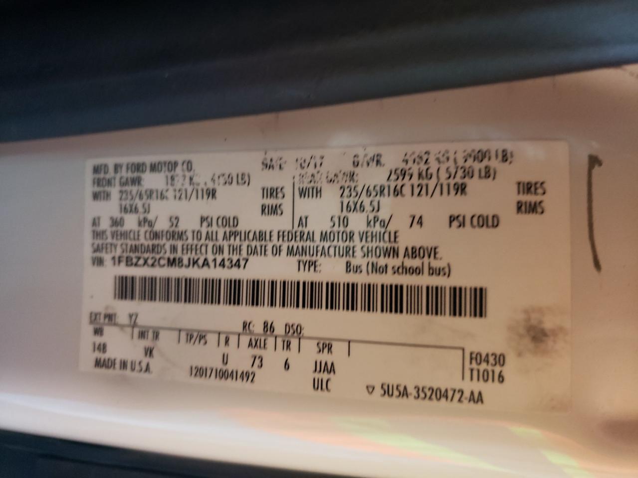 2018 FORD Transit VIN 1FBZX2CM8JKA14347 photo 10