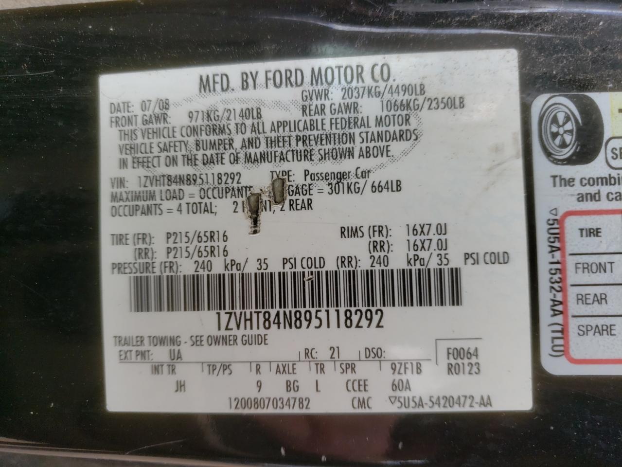 2009 FORD Mustang VIN 1ZVHT84N895118292 photo 10