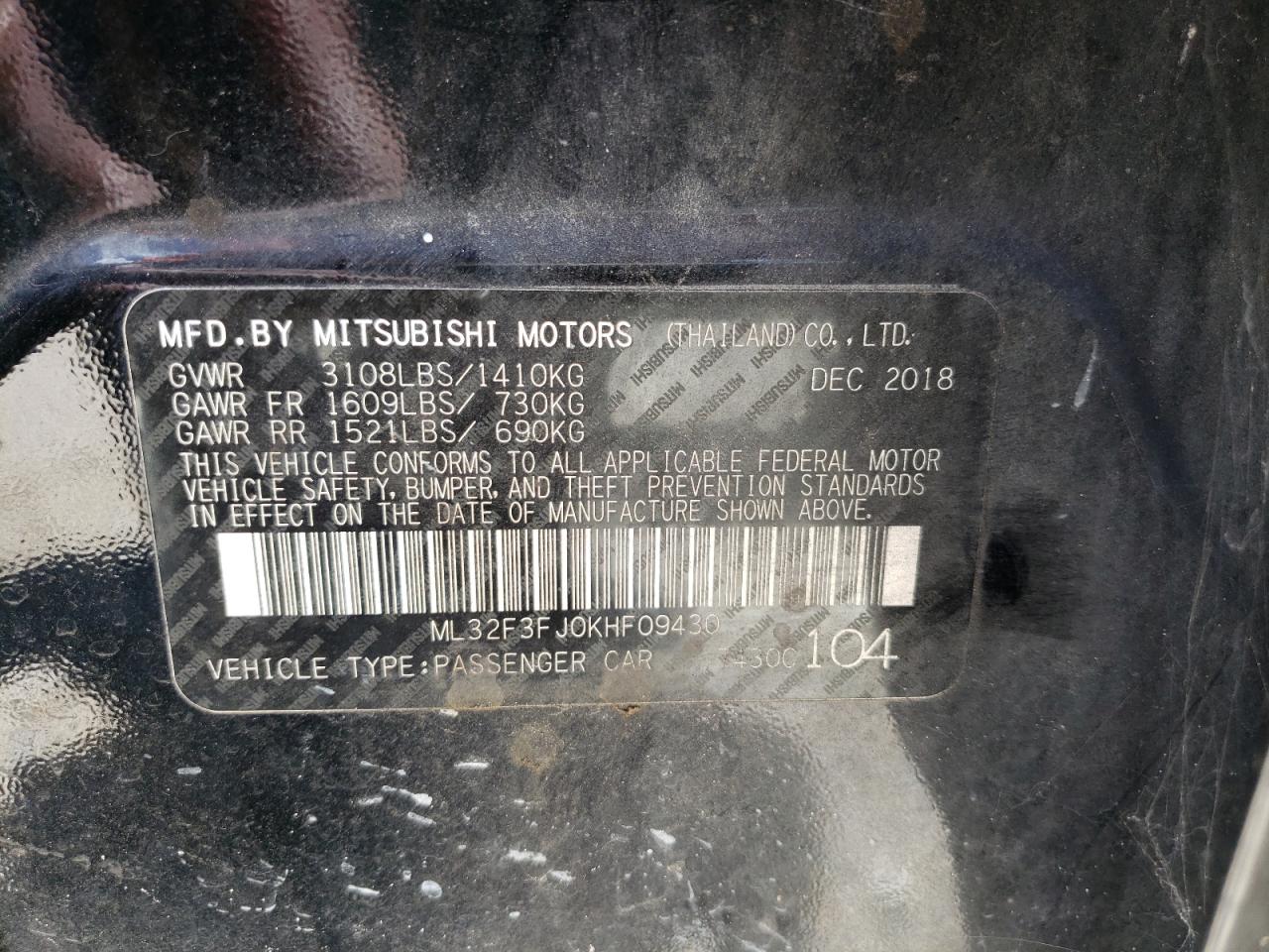 2019 MITSUBISHI Mirage VIN ML32F3FJ0KHF09430 photo 10