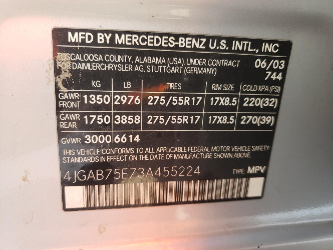 2003 MERCEDES-BENZ Ml-class VIN 4JGAB75E73A455224 photo 10