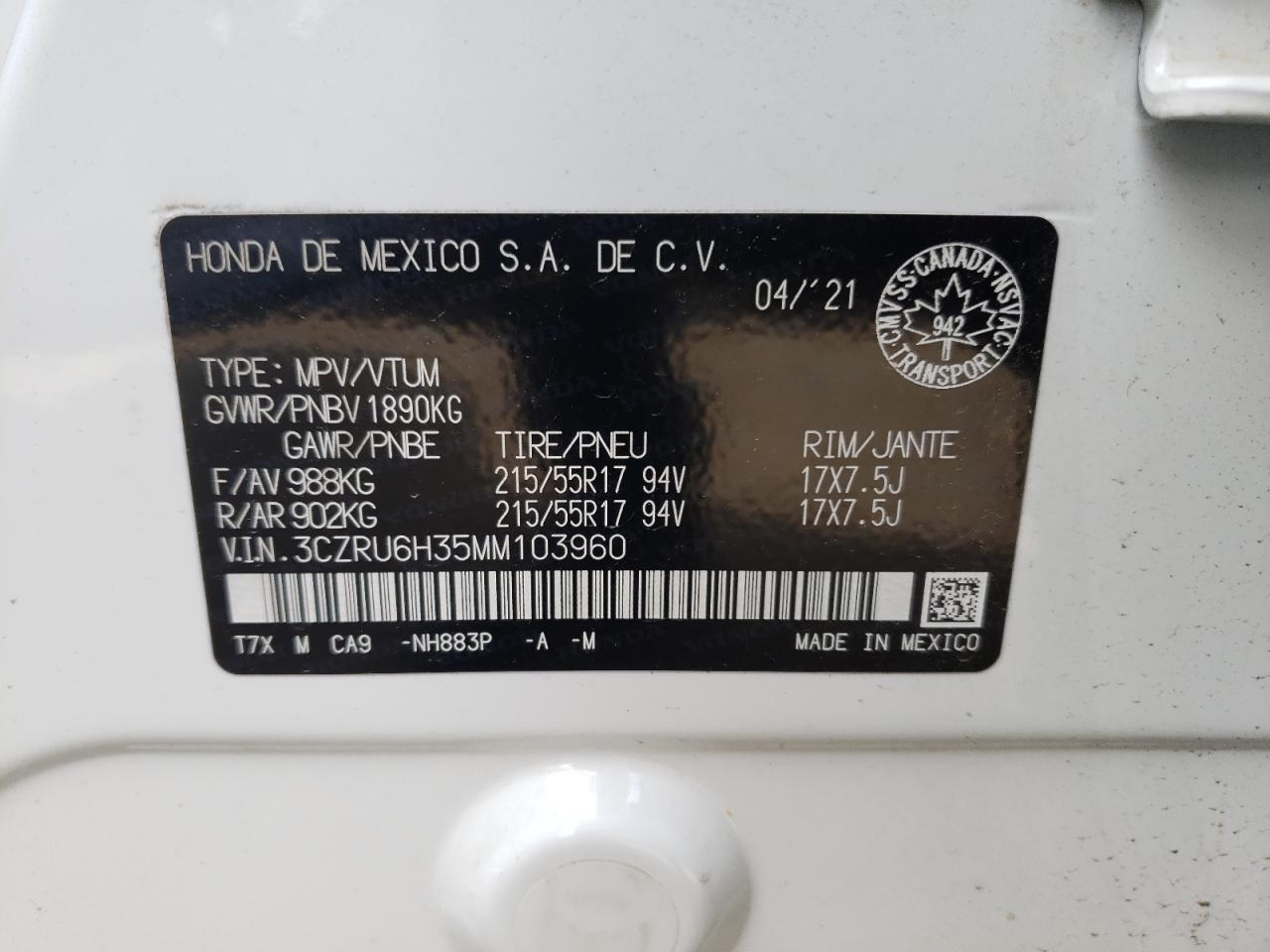 2021 HONDA Hr-v VIN 3CZRU6H35MM103960 photo 10