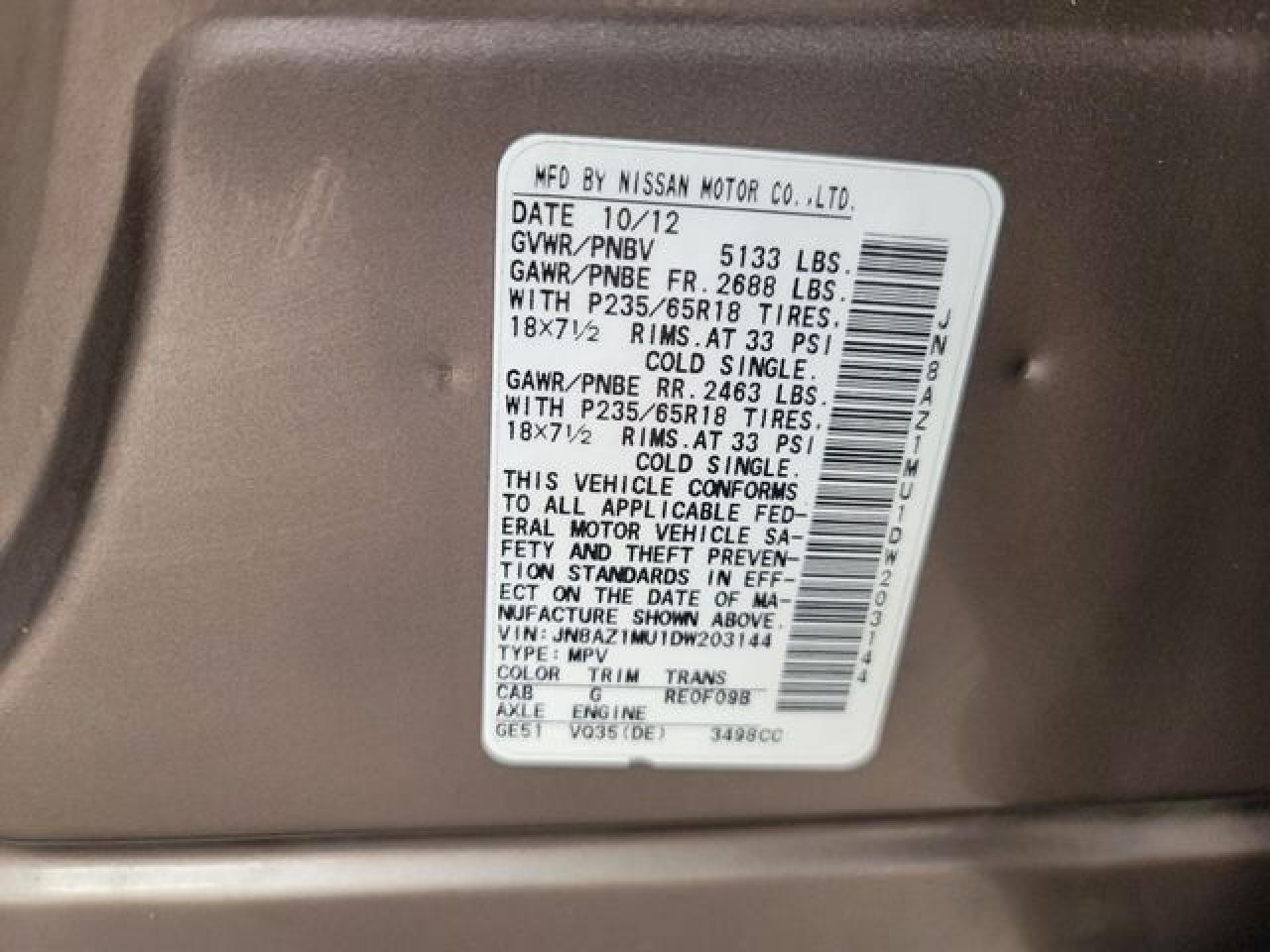 2013 Nissan Murano VIN JN8AZ1MU1DW203144 photo 10