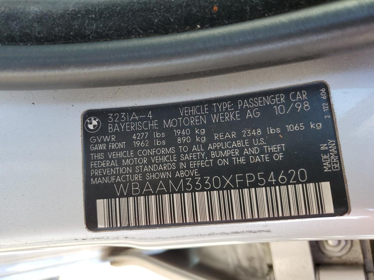 1999 BMW 3er VIN WBAAM3330XFP54620 photo 10