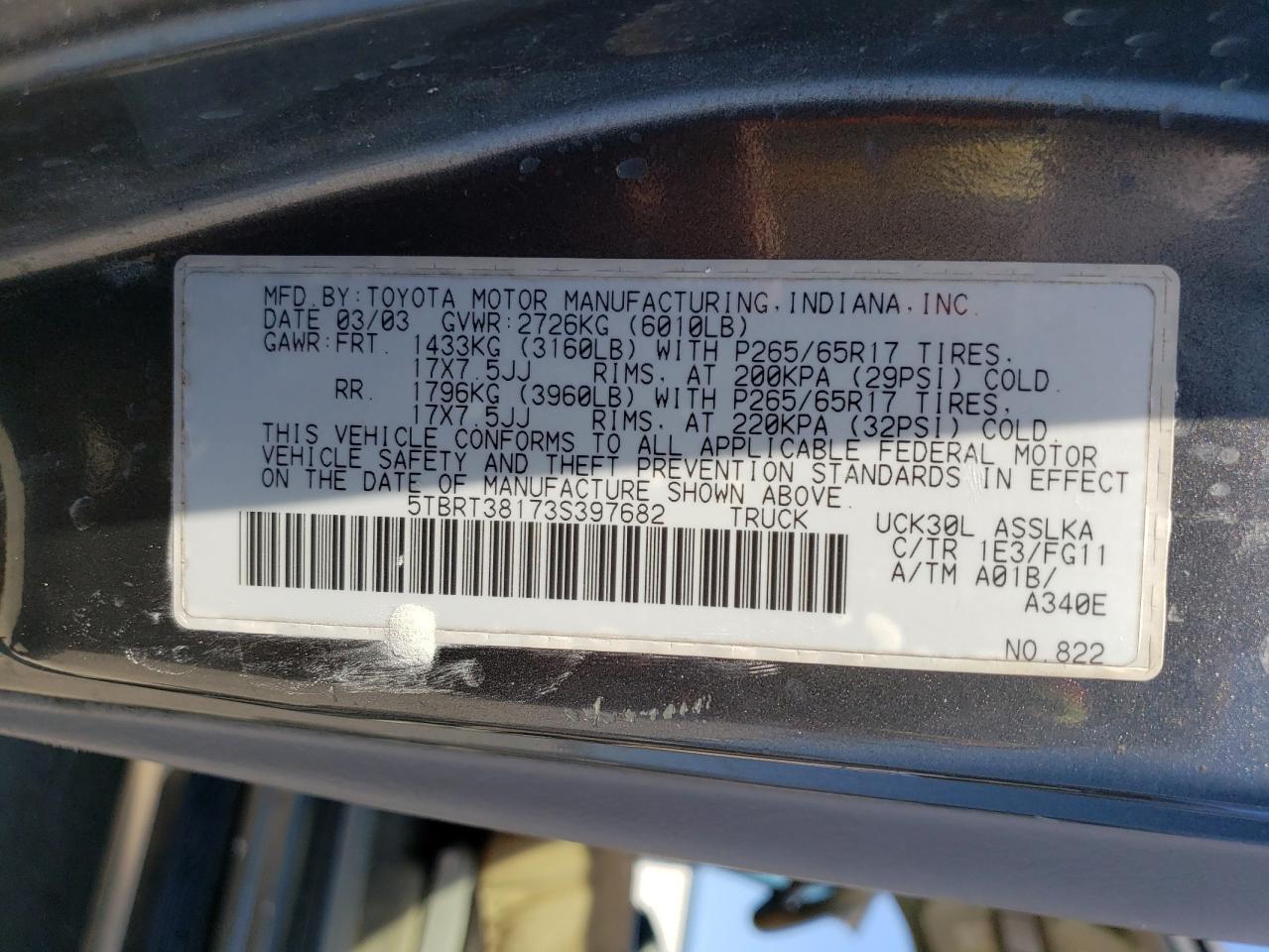 2003 Toyota Tundra VIN 5TBRT38173S397682 photo 10