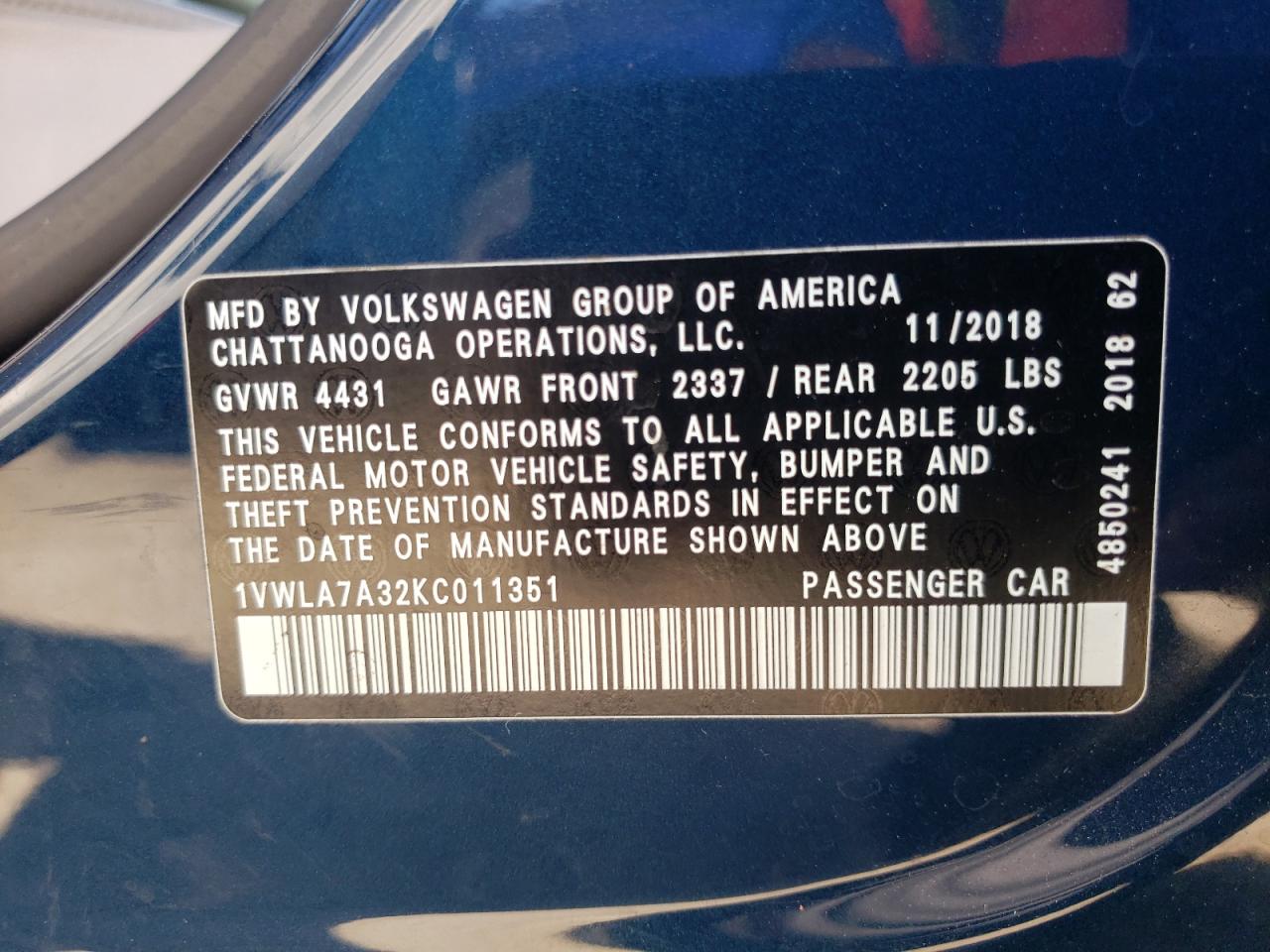 2019 VOLKSWAGEN Passat VIN 1VWLA7A32KC011351 photo 12