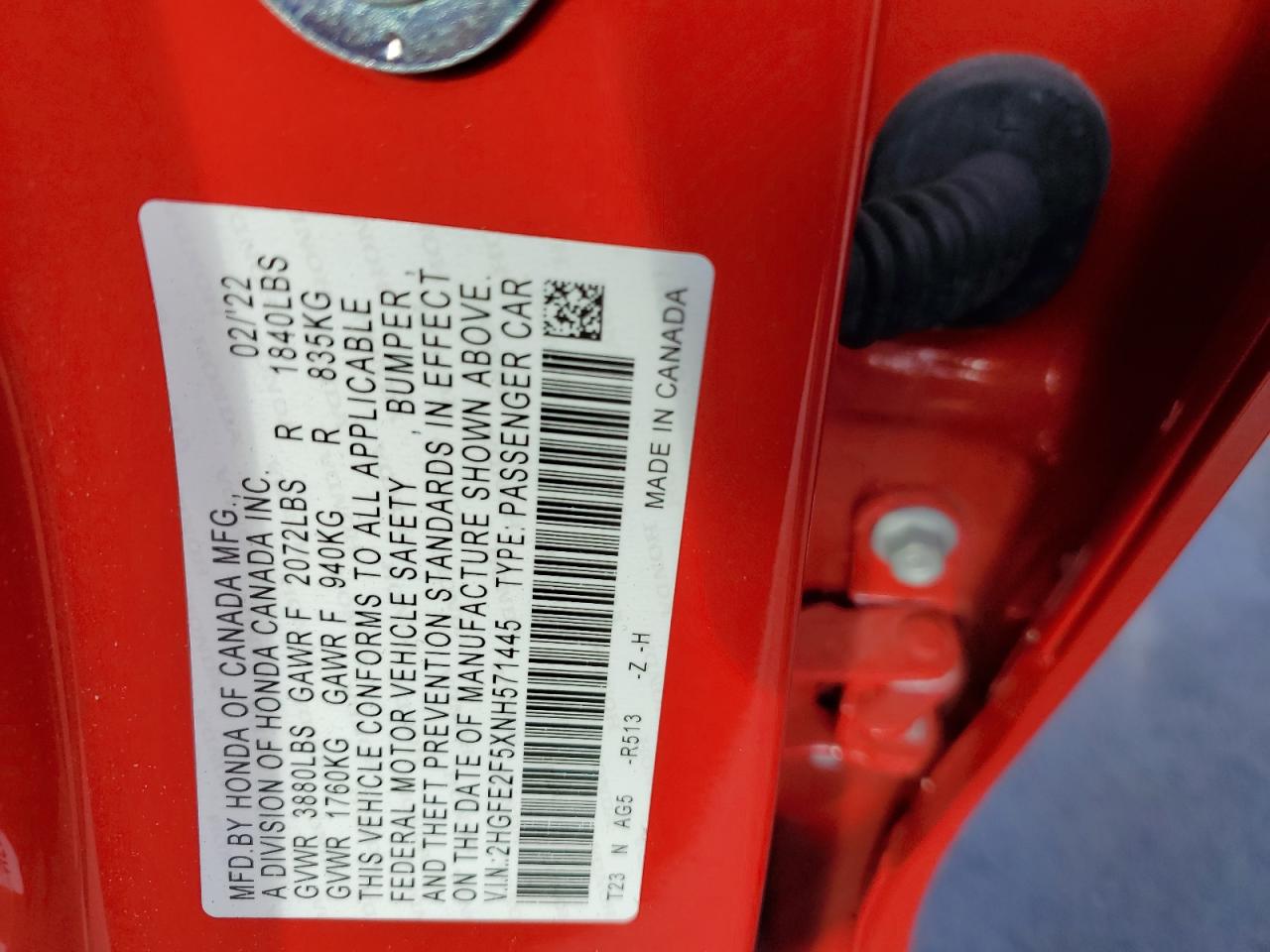 2022 HONDA Civic VIN 2HGFE2F5XNH571445 photo 12
