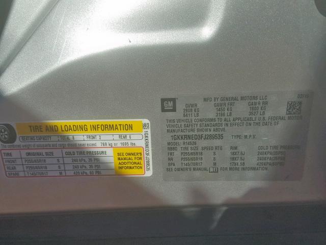 2015 GMC Acadia VIN 1GKKRNED3FJ289535 photo 10