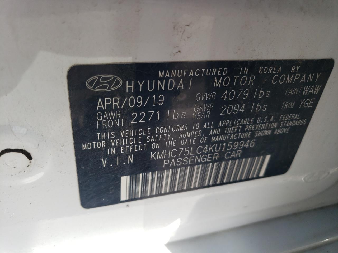 2019 HYUNDAI Ioniq VIN KMHC75LC4KU159946 photo 12