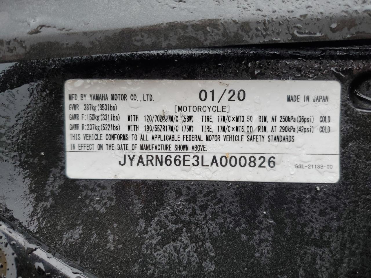 2020 YAMAHA YZFR1 VIN JYARN66E3LA000826 photo 10