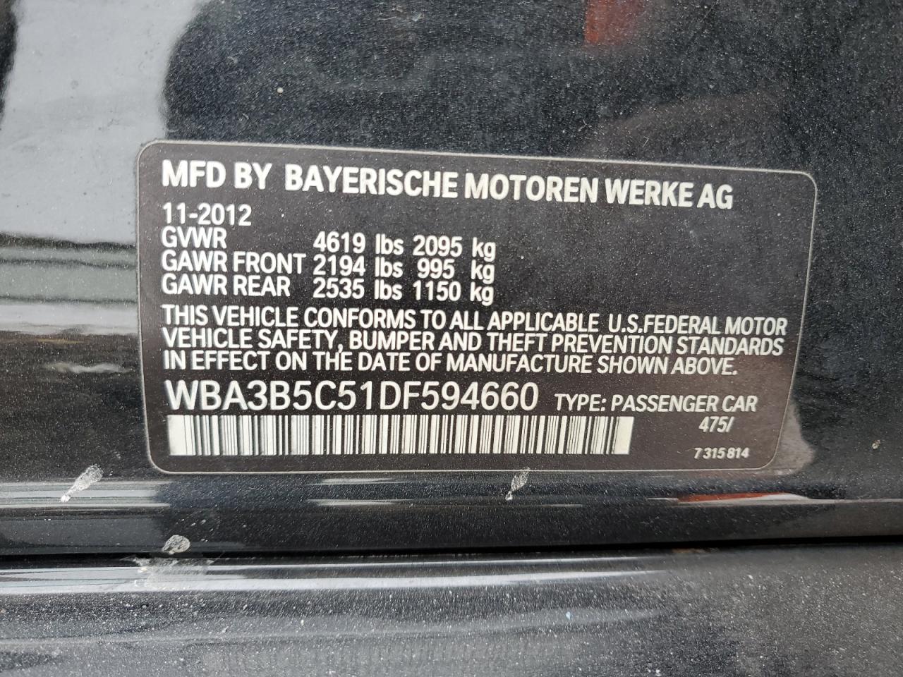 2013 BMW 3 series VIN WBA3B5C51DF594660 photo 12