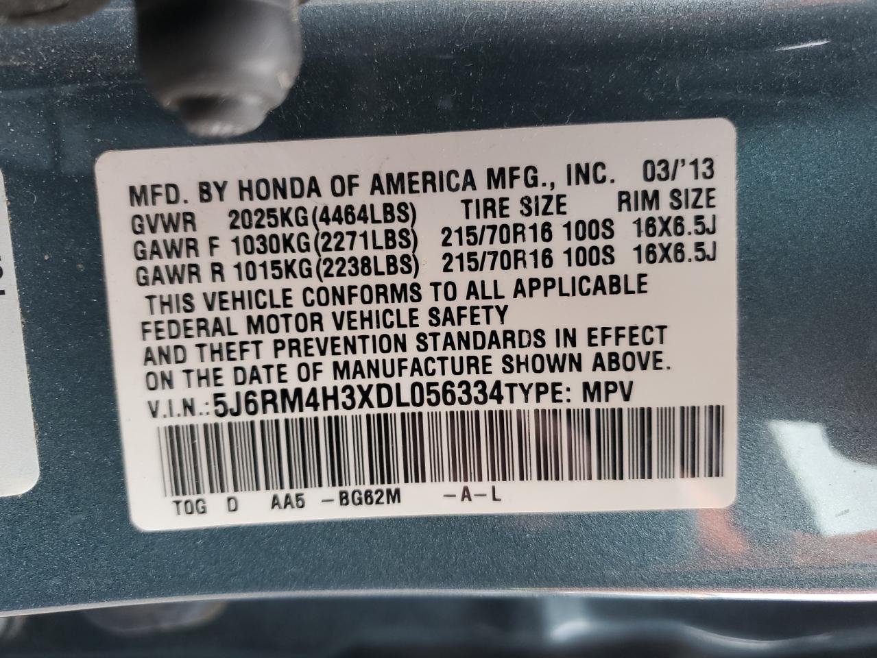 2013 HONDA Cr-v VIN 5J6RM4H3XDL056334 photo 12