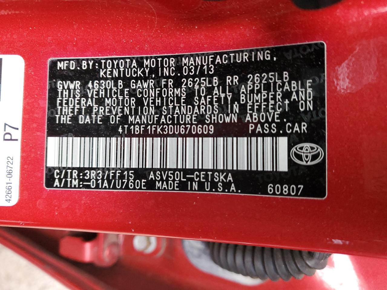 2013 TOYOTA Camry VIN 4T1BF1FK3DU670609 photo 12