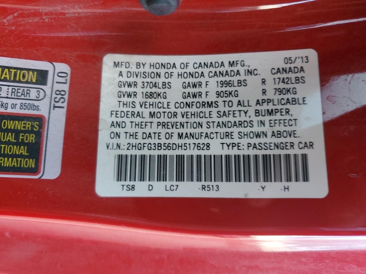2013 HONDA Civic VIN 2HGFG3B56DH517628 photo 12