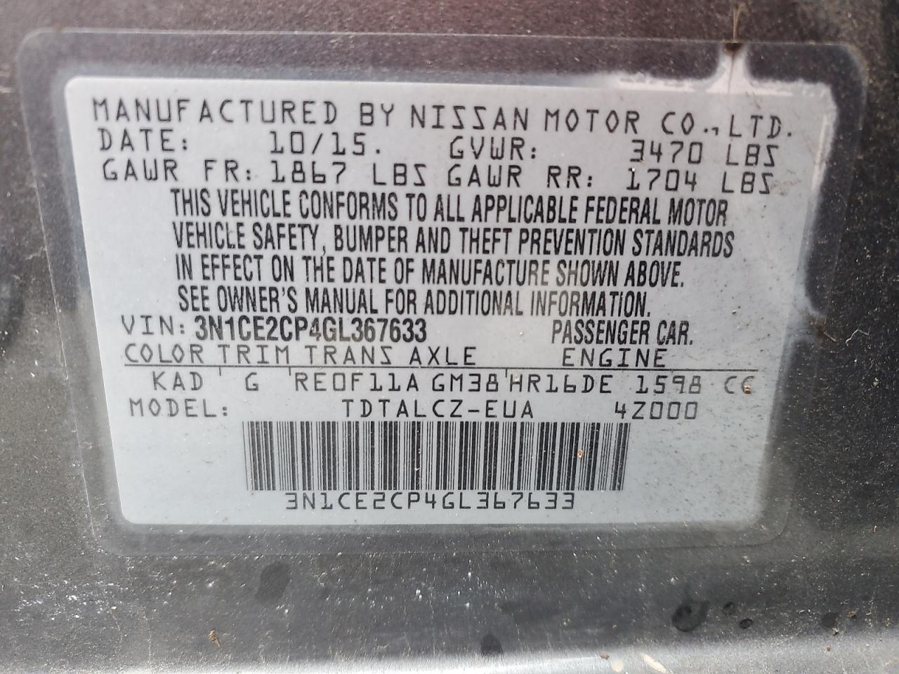 2016 NISSAN Versa VIN 3N1CE2CP4GL367633 photo 12