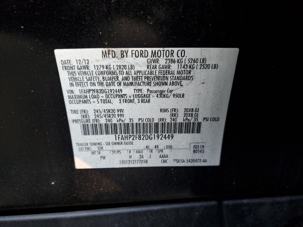 2013 Ford Taurus VIN 1FAHP2F82DG192449 photo 12