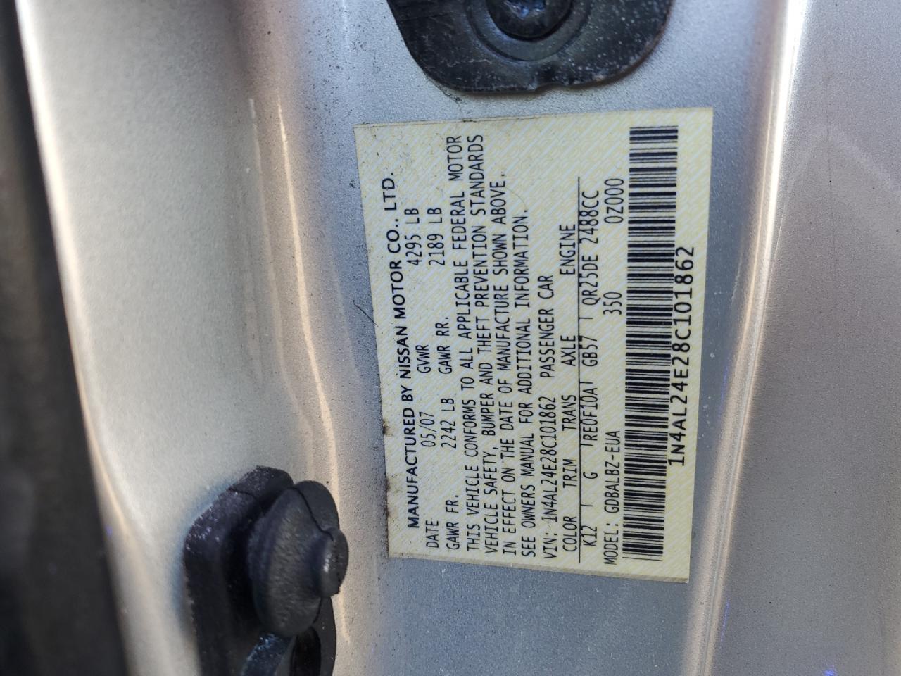 2008 Niss Altima VIN 1N4AL24E28C101862 photo 12
