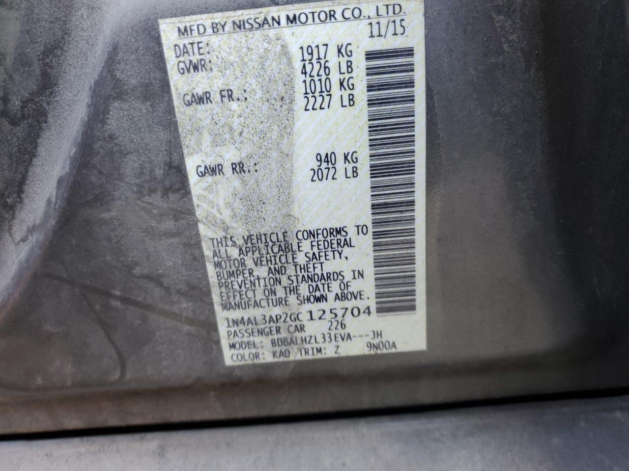 2016 Niss Altima VIN 1N4AL3AP2GC125704 photo 12