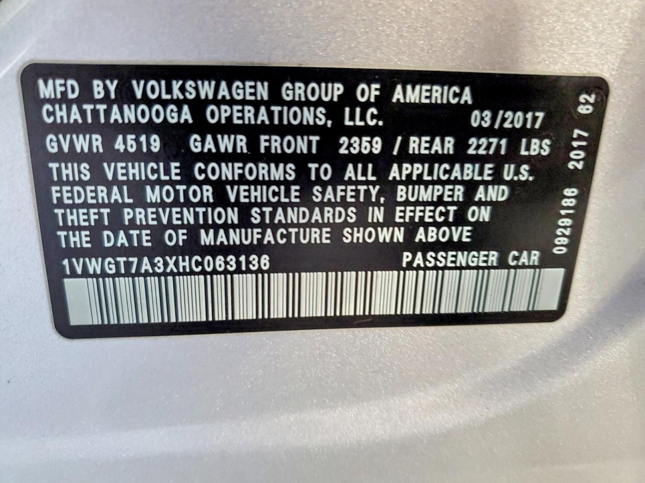 2017 Volkswagen Passat VIN 1VWGT7A3XHC063136 photo 12