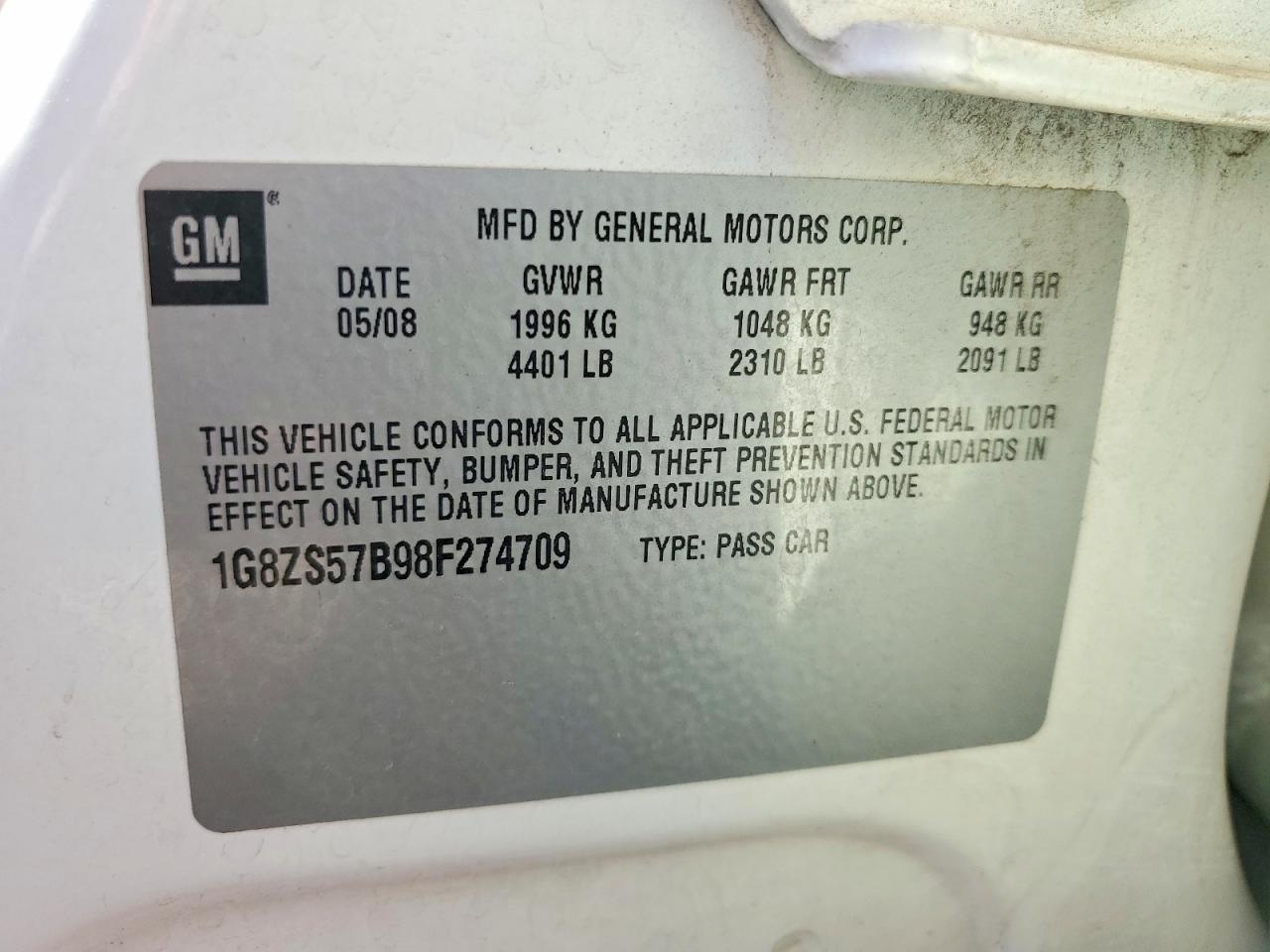 2008 Saturn Aura VIN 1G8ZS57B98F274709 photo 12
