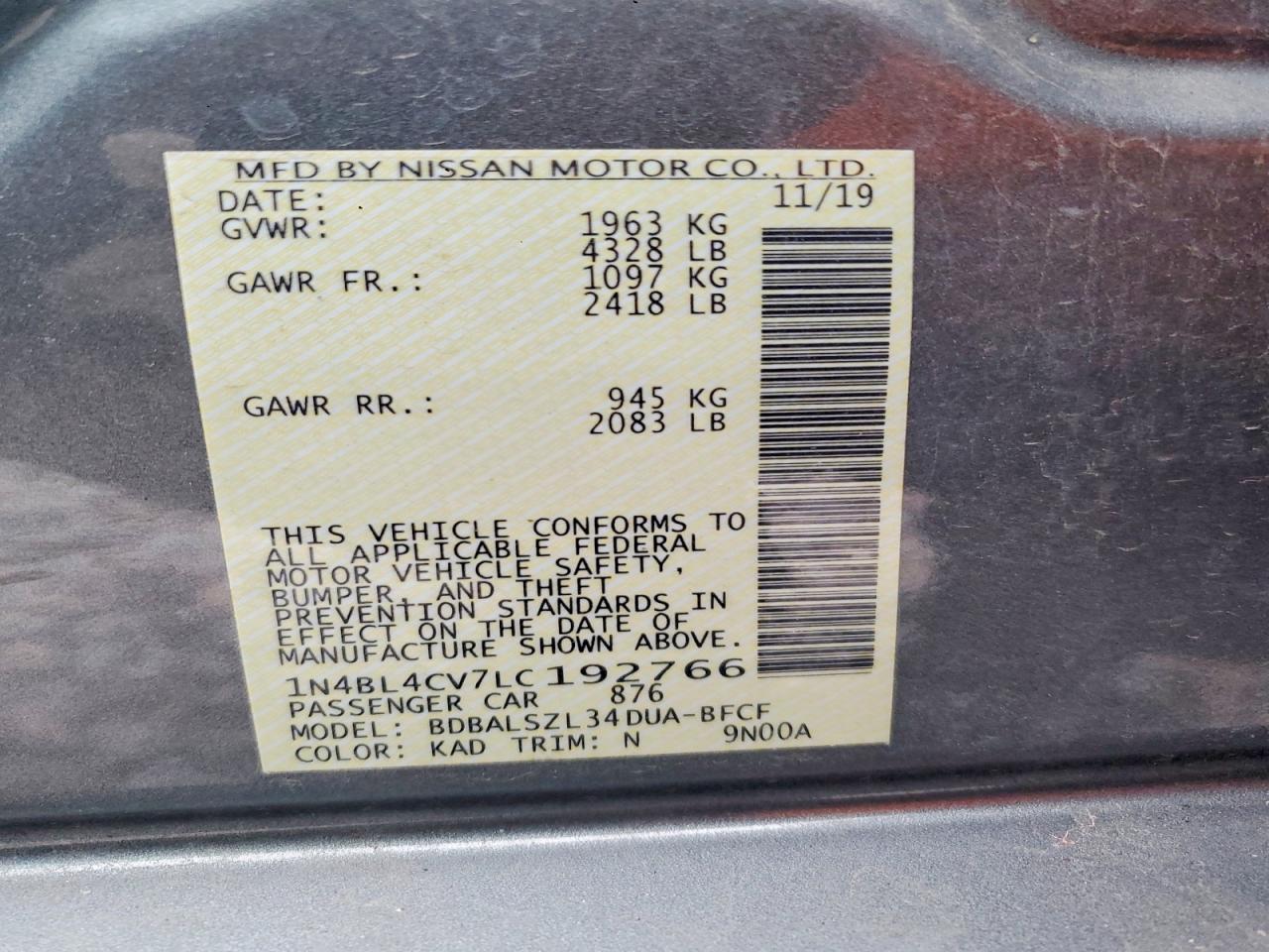 2020 NISS Altima VIN 1N4BL4CV7LC192766 photo 12