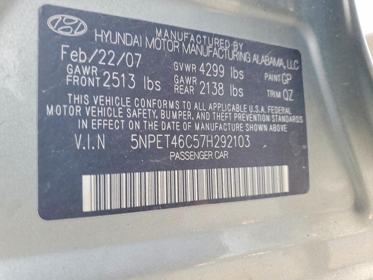 2007 Hyundai Sonata VIN 5NPET46C57H292103 photo 12