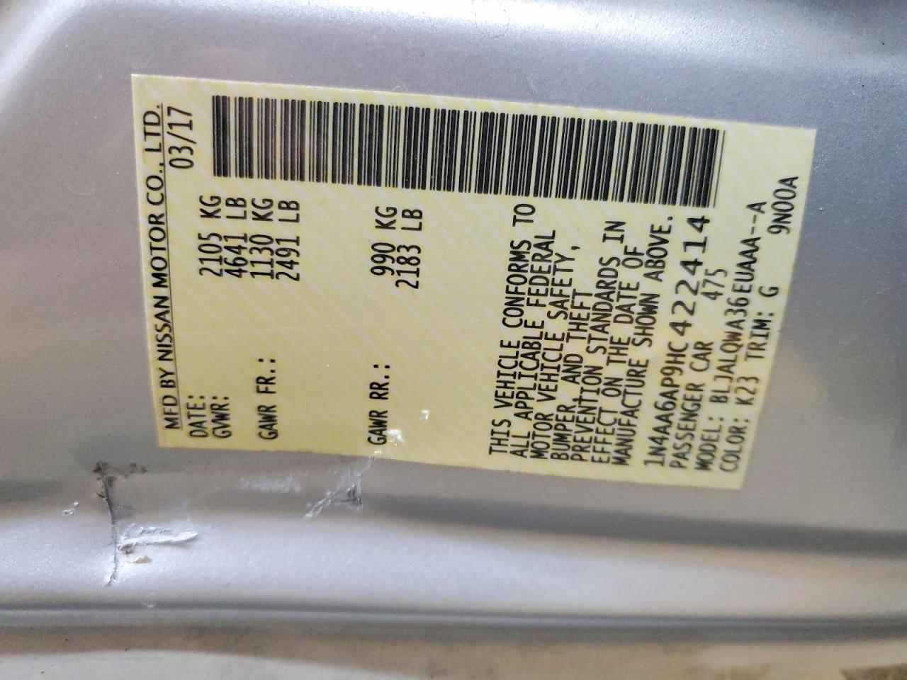 2017 Niss Maxima VIN 1N4AA6AP9HC422414 photo 12