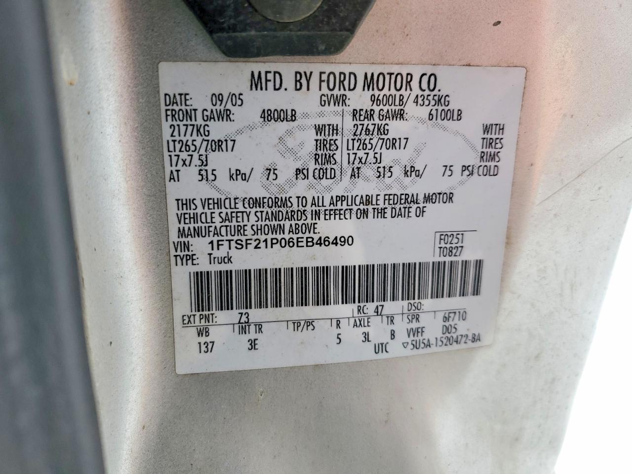 2006 Ford F250 VIN 1FTSF21P06EB46490 photo 12